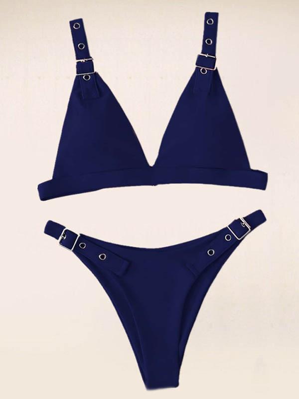 Solid Color Adjusting Buckle Split Bikini Swimsuit