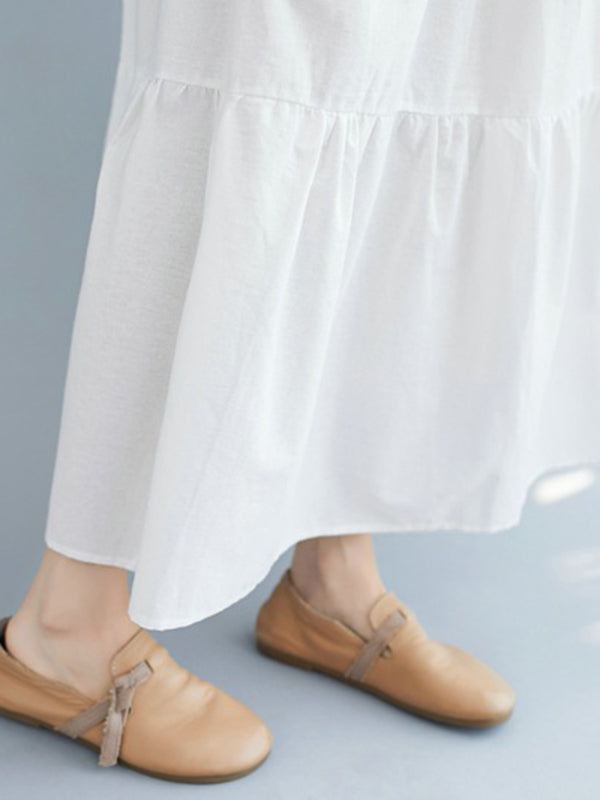 Simple Casual Loose Artistic Retro Pleated Solid Color Midi Dress