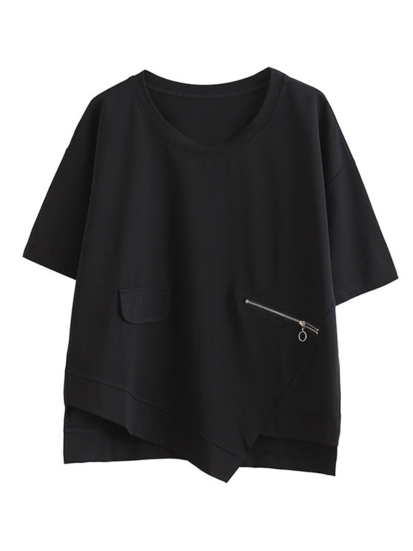 Fashion Asymmetric Irregular Clipping Split-Side Round-Neck T-Shirt