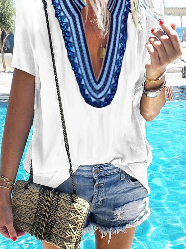 Loose Printed Deep V-neck Short Sleeve T-shirt