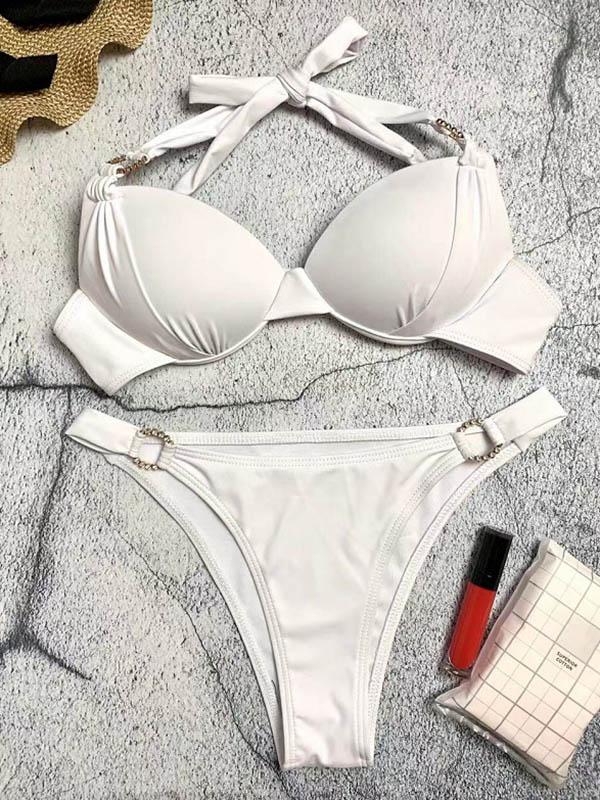 Solid Color Adornment Split Bikini Swimsuit