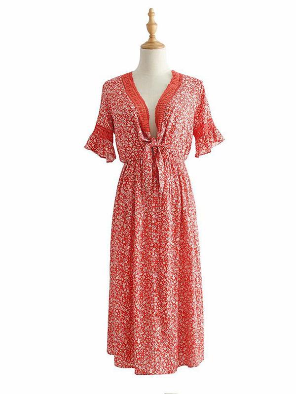 Lace Split-joint Printed Midi Dresses