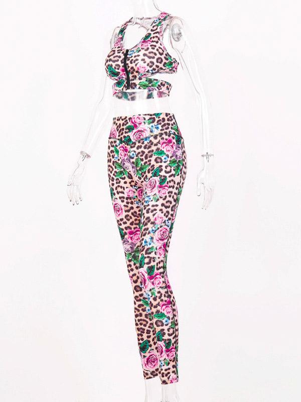 Zipper Leopard Floral Tank&Leggings Suits