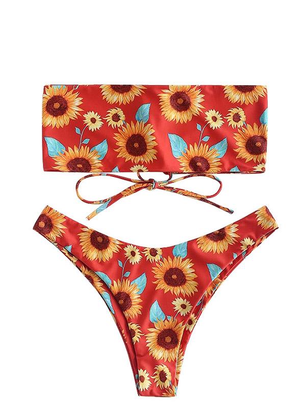 Floral-Print Bandage Bandeau Split Bikini Swimsuit