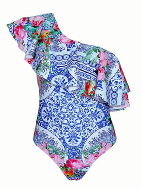 Single Shoulder Falbala Printed One-piece Swimsuit