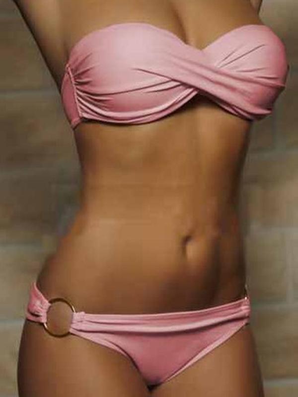 Solid Color Cross Bandeau Split Bikini Swimsuit