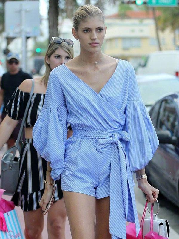 Stripe Puff Sleeves V neck Jumpsuits