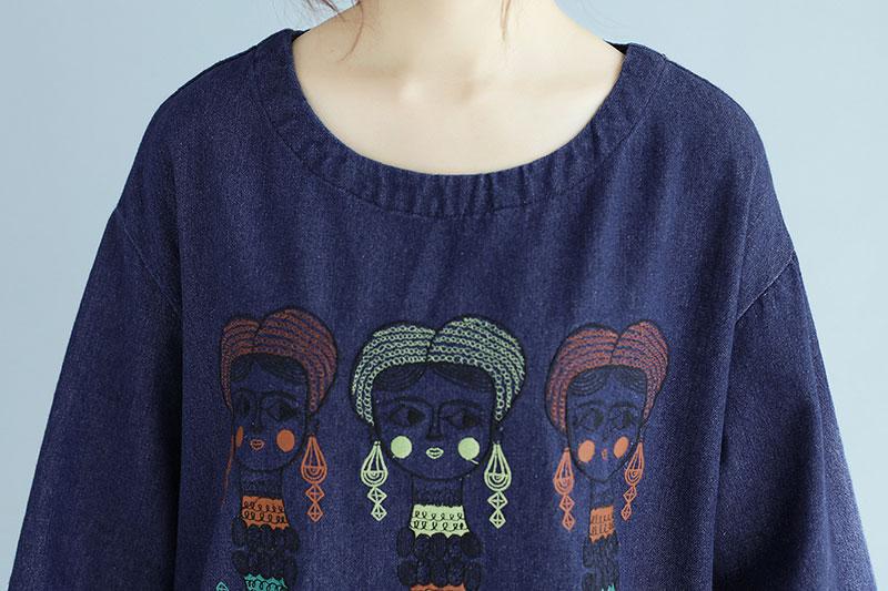 Women Round Neck Long Sleeve Embroidered Denim Shirt