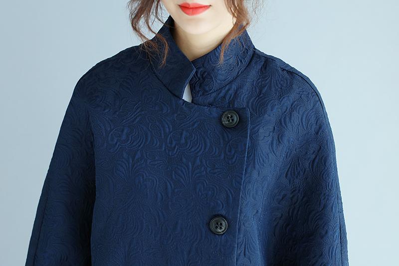 Stand Collar Oblique Breasted Women Jacquard Black Windbreaker Coat