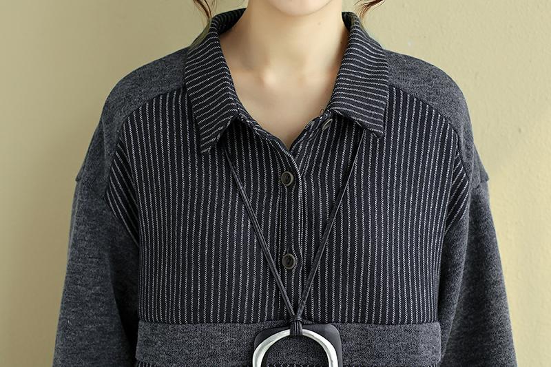 Loose Women Polo Collar Long Sleeve Splicing Stripe Dress