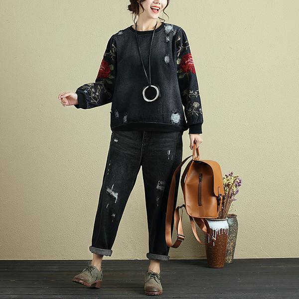 Women Embroidery Long Sleeve Denim Shirt