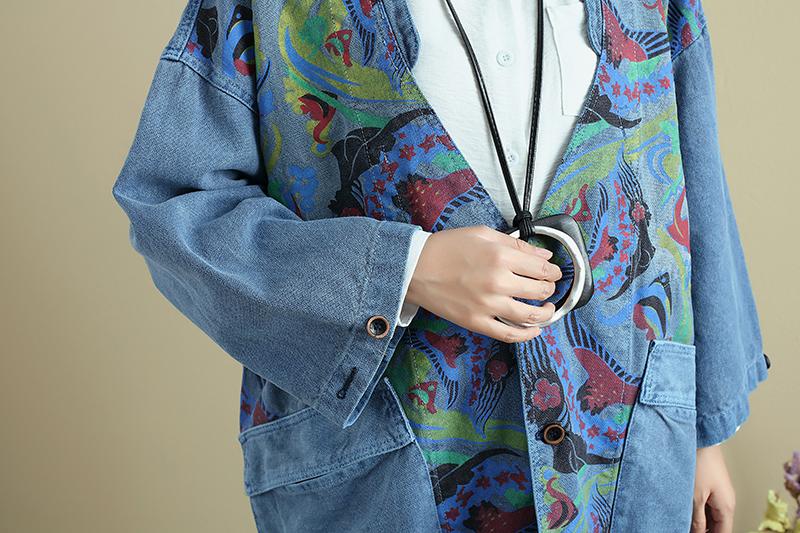 Retro V Neck Long Sleeve Printing Women Red Denim Coat