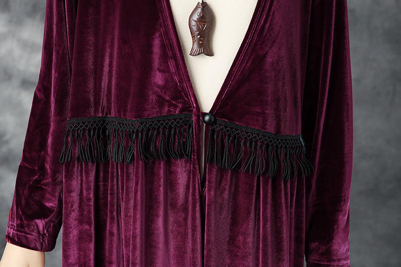 V Neck Long Sleeve Tassel Splicing Pleated Dress For Women