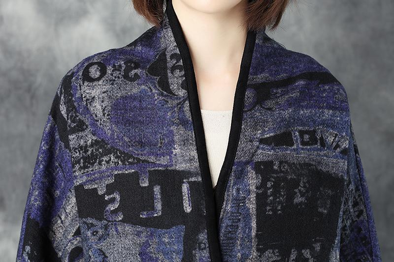 Woolen Women V Neck Shoulder Sleeve Loose Cardigan Printing Coat