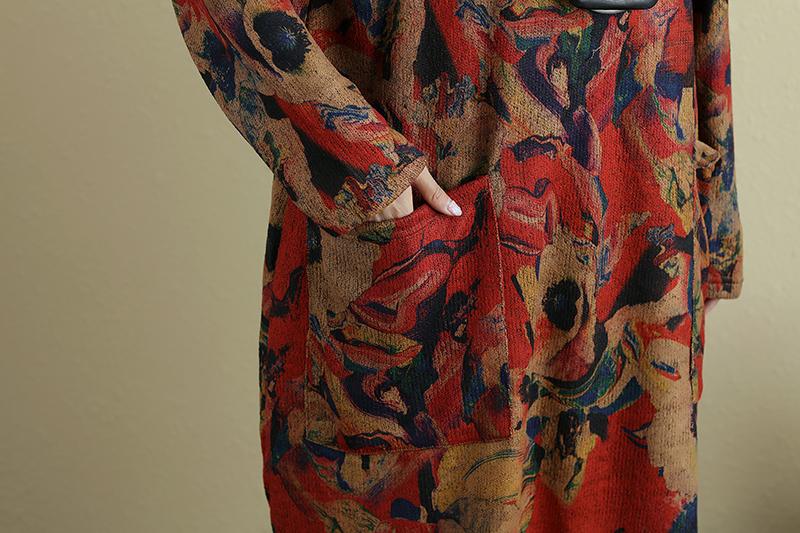 Women Retro Printing Turtleneck Long Sleeve Dress