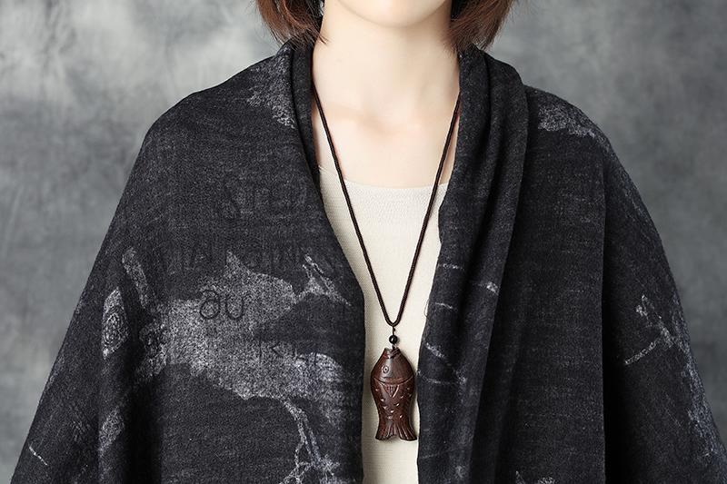 Women Woolen Long Sleeve Loose Warm Cardigan Printing Coat