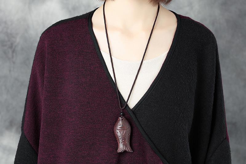 V Neck Long Sleeve Women Winter Warm Mixed Color Lacing Coat