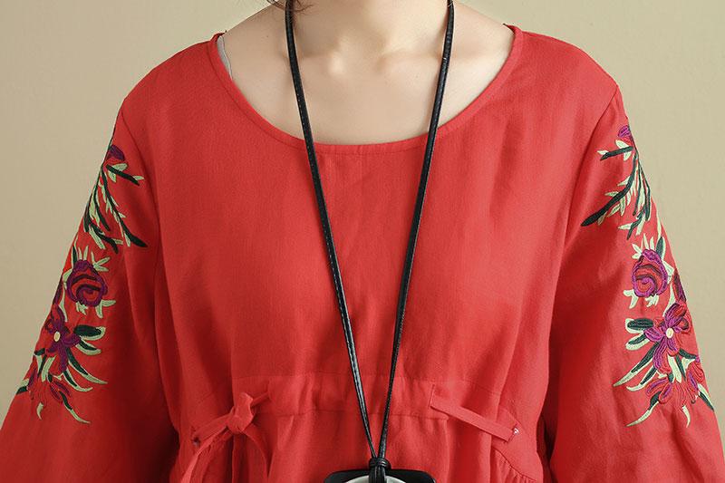 Women Embroidery Loose Three Quarter Sleeve Lacing Dress