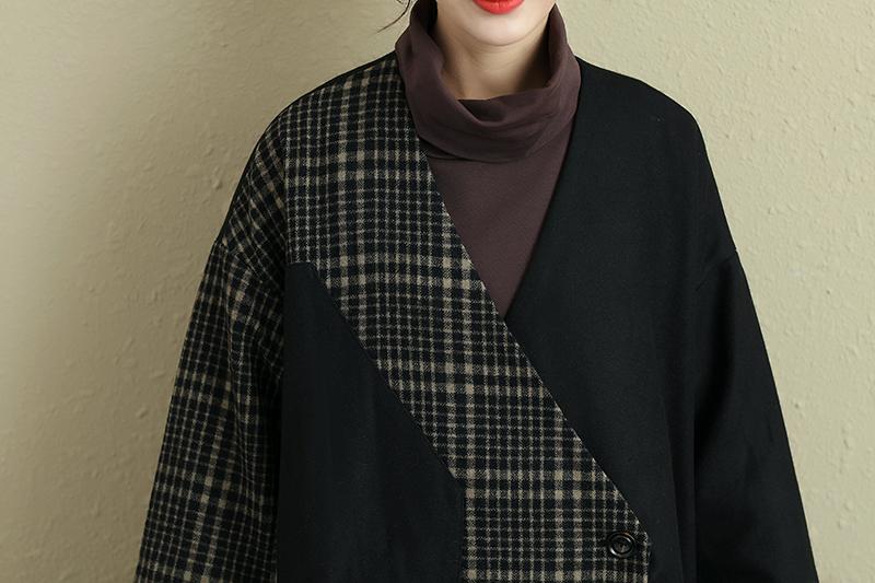 Women Spring Autumn Long Sleeve Button Lattice Pocket Coat