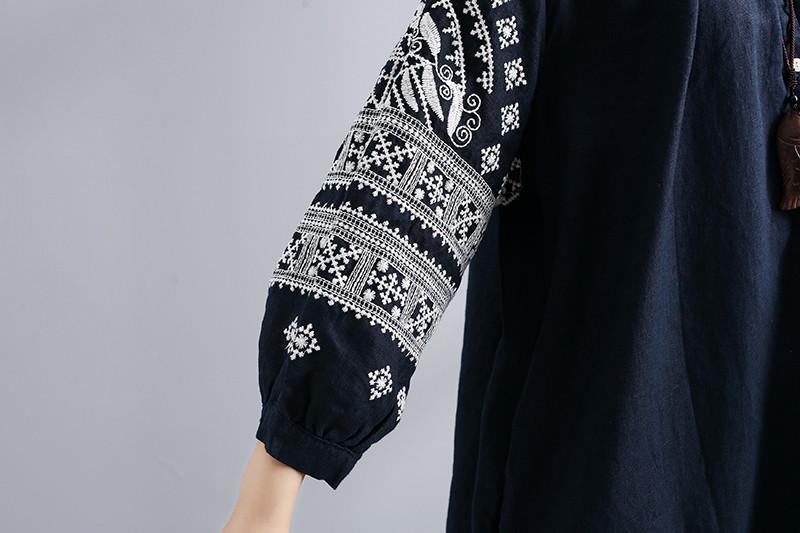 Women Linen Round Neck Embroidered Loose Shirt Dress