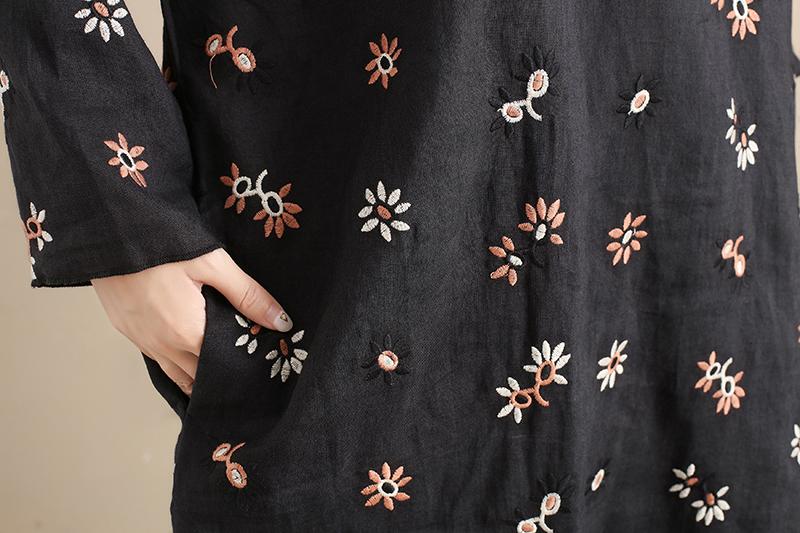 Cotton Floral Women Casual Loose Round Collar Long Sleeves Black Dress