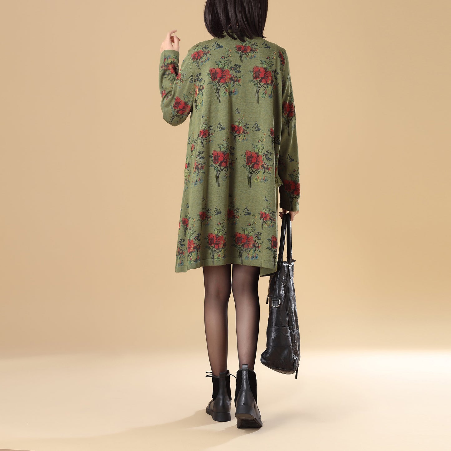 Women Printing Lace Single Breasted Long Sleeve Sweater Dress