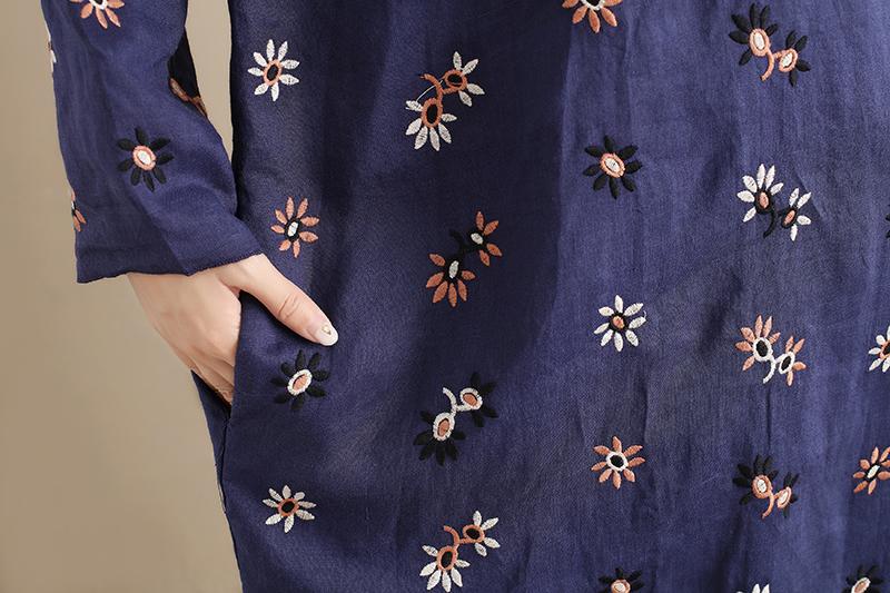 Cotton Floral Women Casual Loose Round Collar Long Sleeves Blue Dress