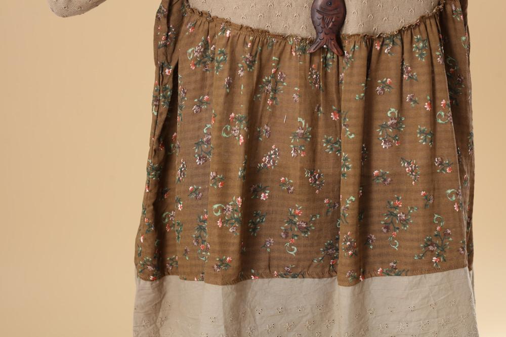 Women Round Neck Long Sleeve Splicing Printing Wine Red Sweater Dress