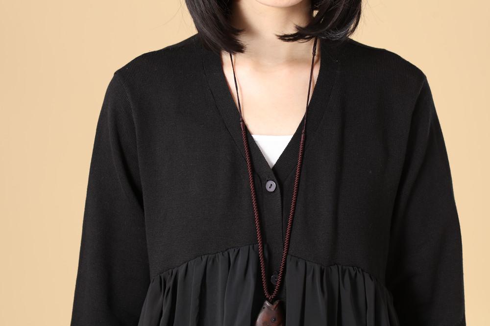 Women Embroidered Long Sleeve Khaki Pleated Sweater Dress