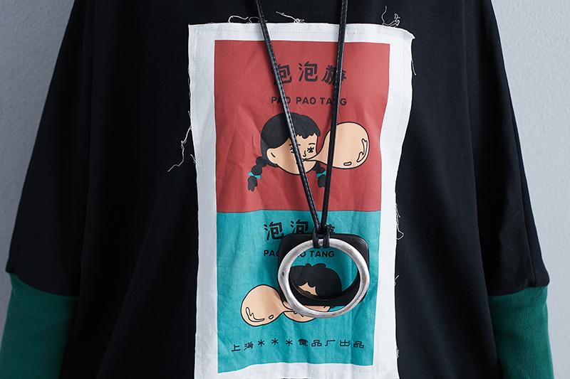 Women Long Sleeve Splicing Cartoon Applique Black Dress