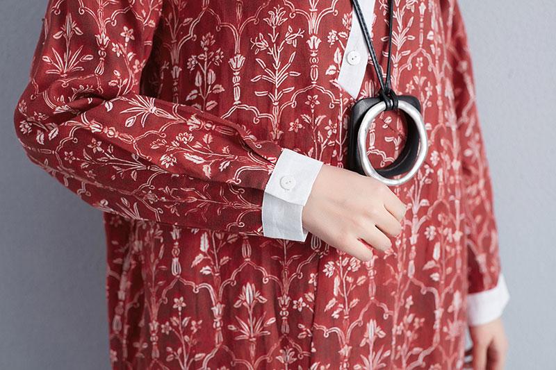 Printing Stand Collar Autumn Women Long Sleeve Red Dress