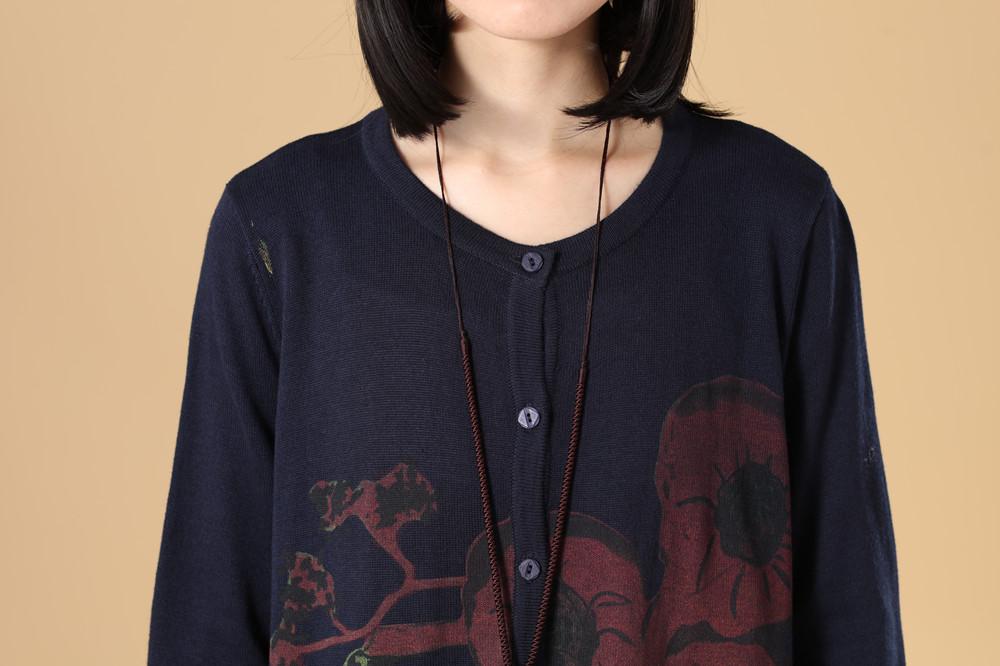 Casual Women Single Breasted Long Sleeve Navy Blue Printing Sweater