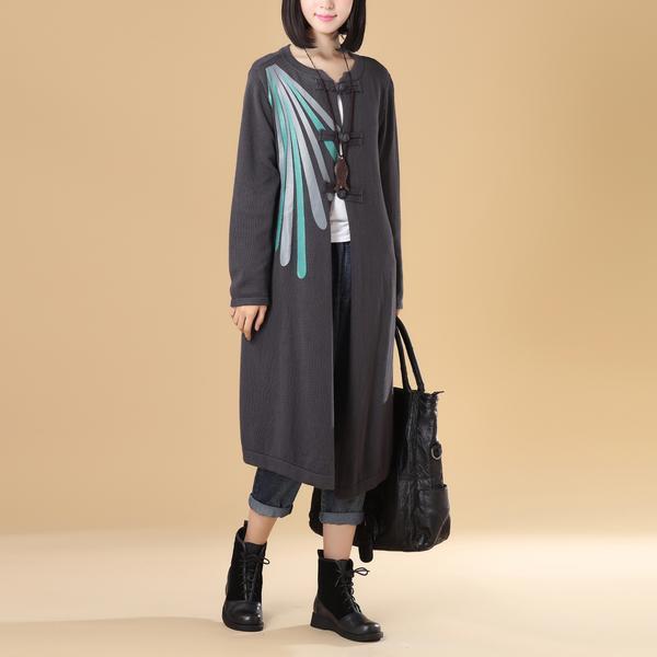 Women Patchwork Printing Cardigan Knitted Sweater Coat