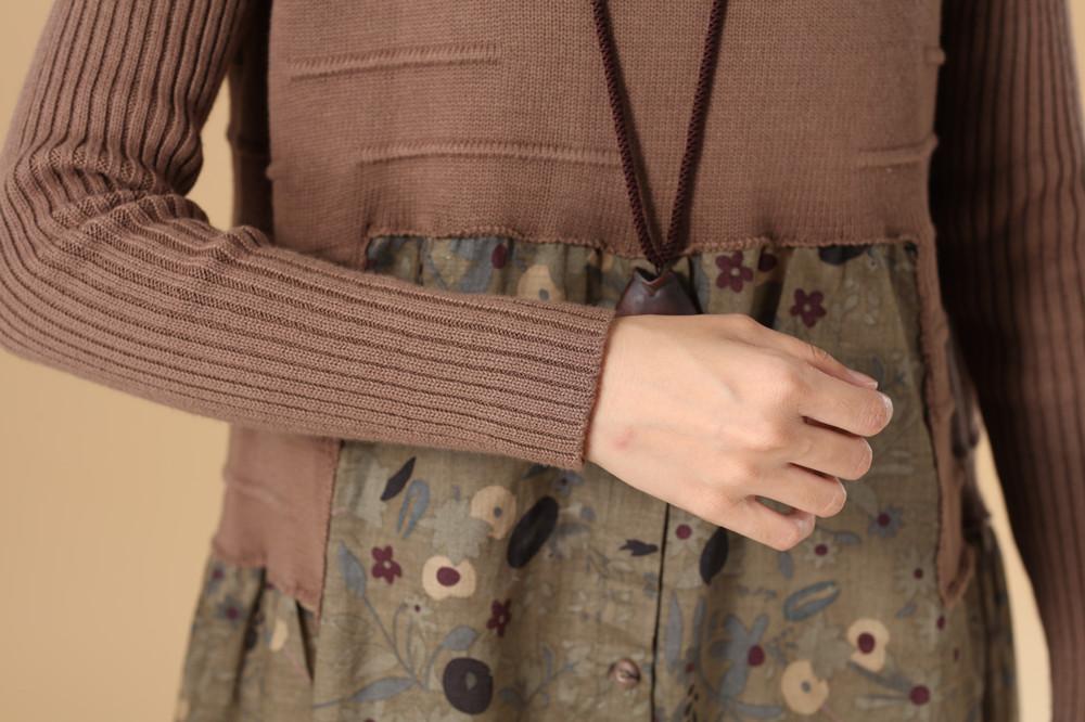 Women Autumn Patchwork Printing Purple Knitted Sweater Dress