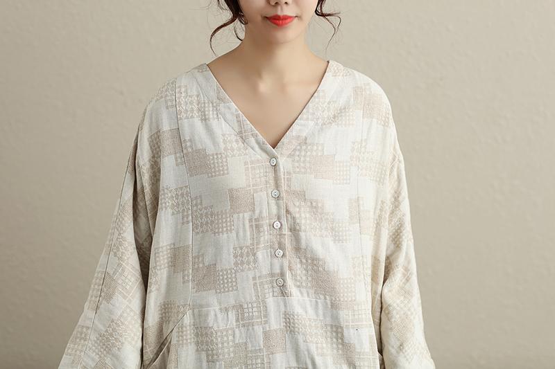 V Neck Long Sleeves Cotton Linen Casual Women Beige Dress