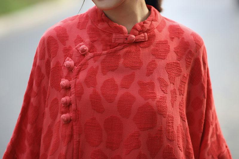 Retro Stand Collar Frogs Long Sleeve Pockets Dress