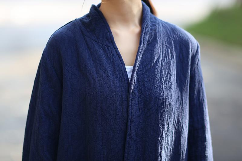 Navy Blue Retro Pockets Side Slit Long Sleeve Plain Cardigan Coat