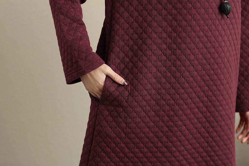 Casual Cotton Keep Warm Wine Red Winter Women Dress