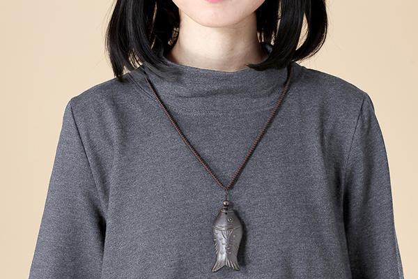 Women Autumn Semi-High Collar Long Sleeve Pockets Dark Gray Dress