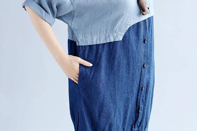 Splicing Cotton Loose Women Casual Gray Dress