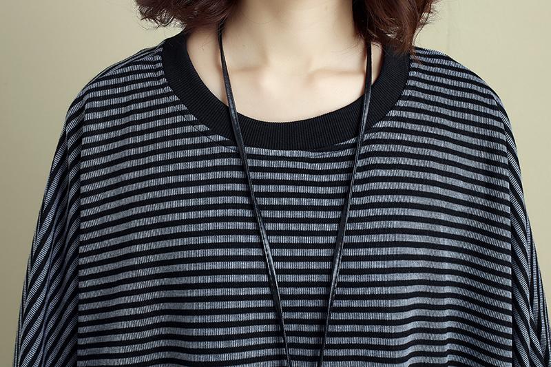 Women Round Neck Shoulder Sleeve Gray Black Stripe Dress