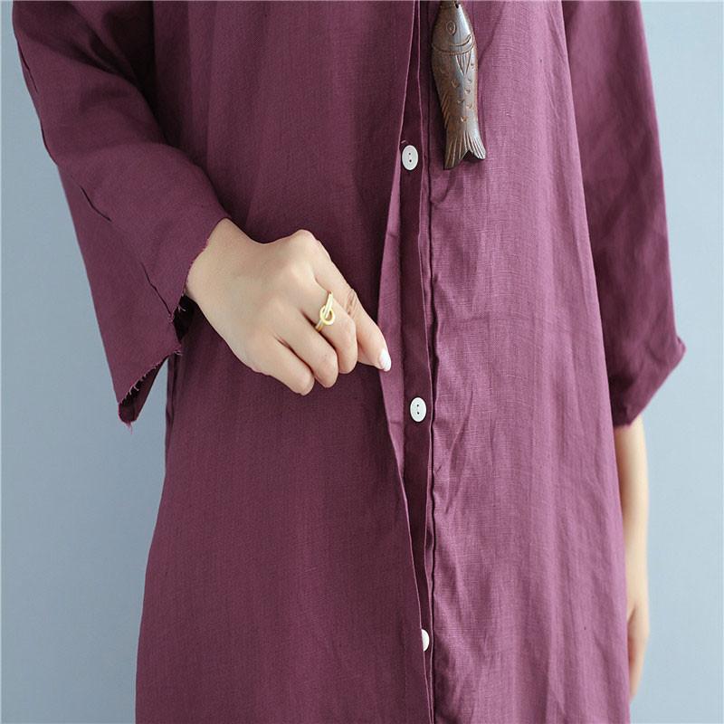 Loose Linen Long Sleeve Pocket Buttons Women Wine Red Dress