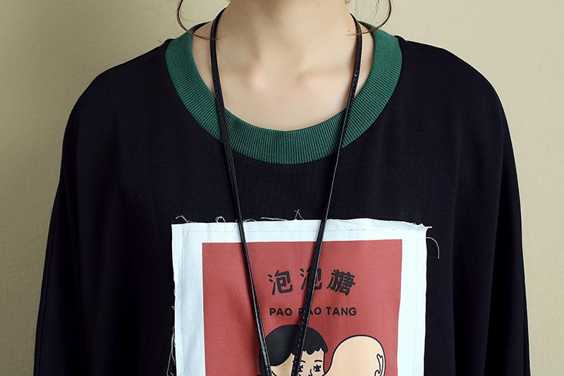 Women Long Sleeve Loose Cartoon Applique Black Dress