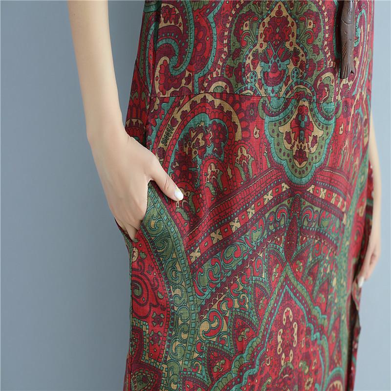 Linen Summer Loose Women Retro Printing Splicing Irregular Red Dress