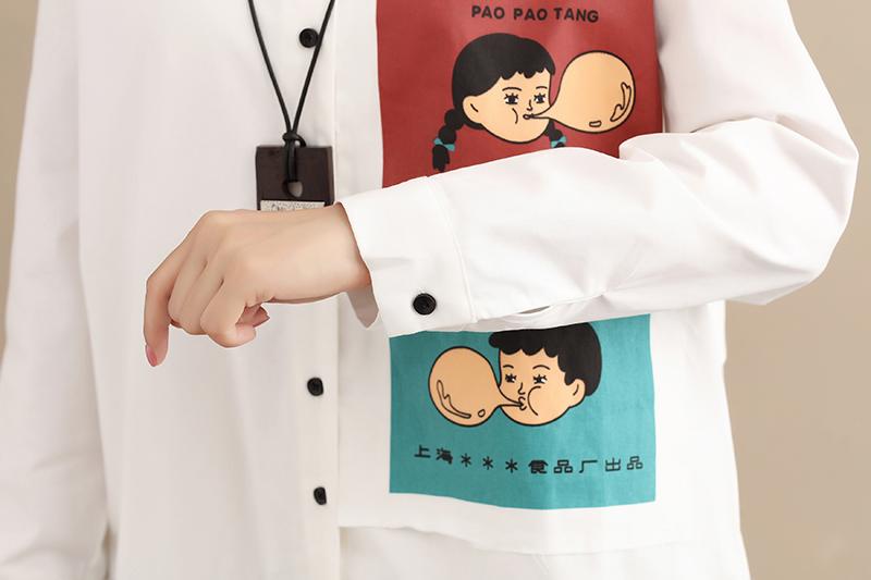 Exotic Women Splicing Printing Cotton Long Sleeves White Shirts