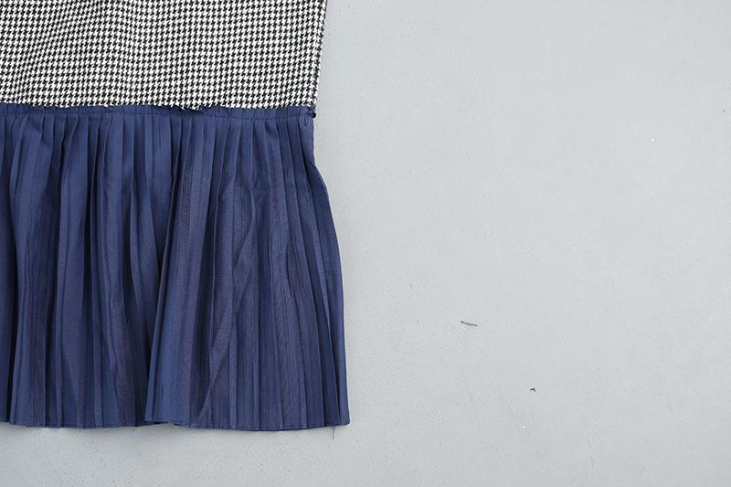 Dark Blue Women Splicing Lattice Pleated Dress