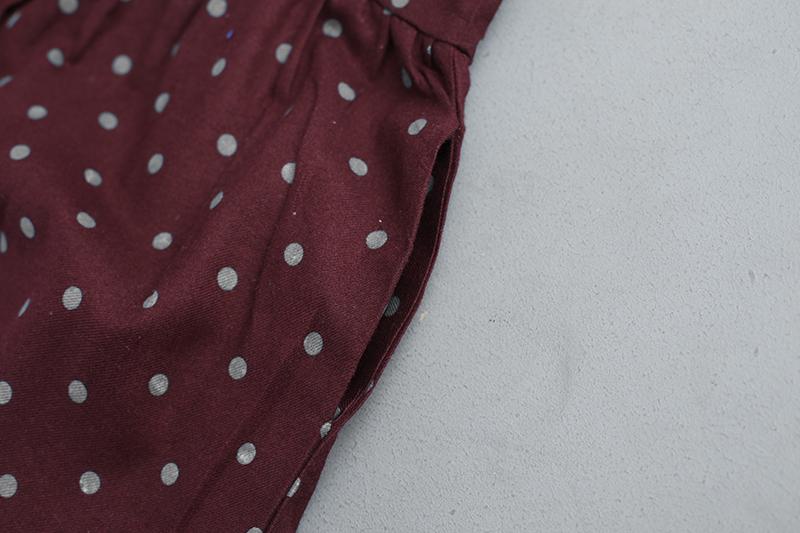 Women Red Cotton Long Sleeves Dot Dress with Drawstring