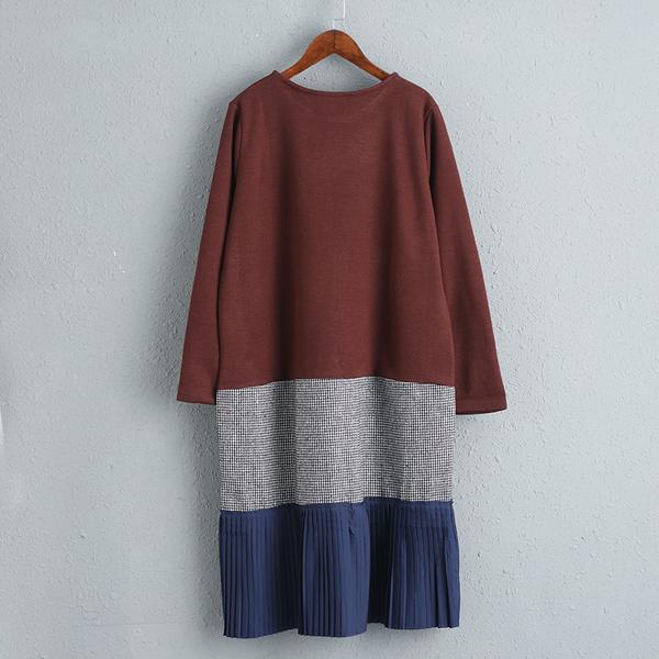 Spring Autumn Long Sleeve Round Neck Splicing Dress