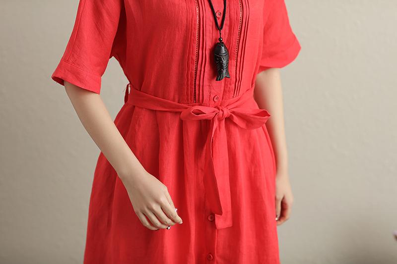 Stylish Hollowed Single Breasted Short Sleeves Ramie Pure Red Women Dress