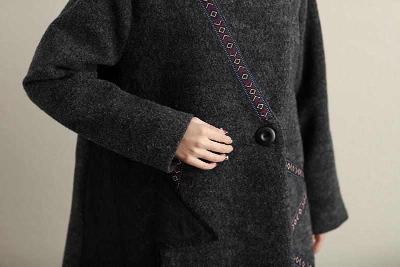 Pockets Button-Front Applique Irregular Long Sleeve Coat